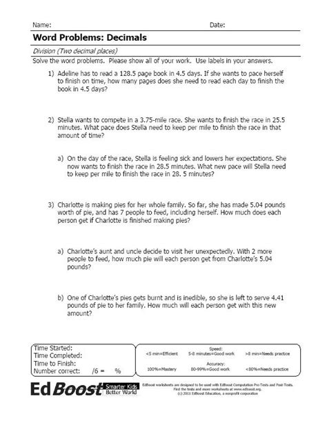 dividing decimals by whole numbers word problems worksheet
